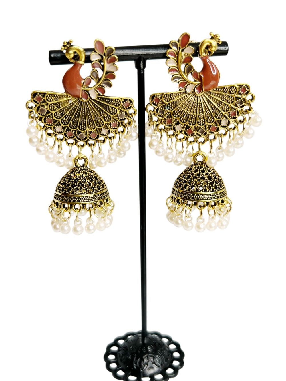 Gold-Peach Peacock Jhumka Earrings with Pearls - Unbranded